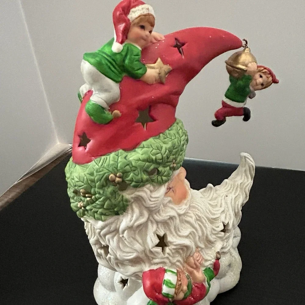 Light Up Ceramic Santa Moon Face With Elves‎ Christmas Decor Star Cutout